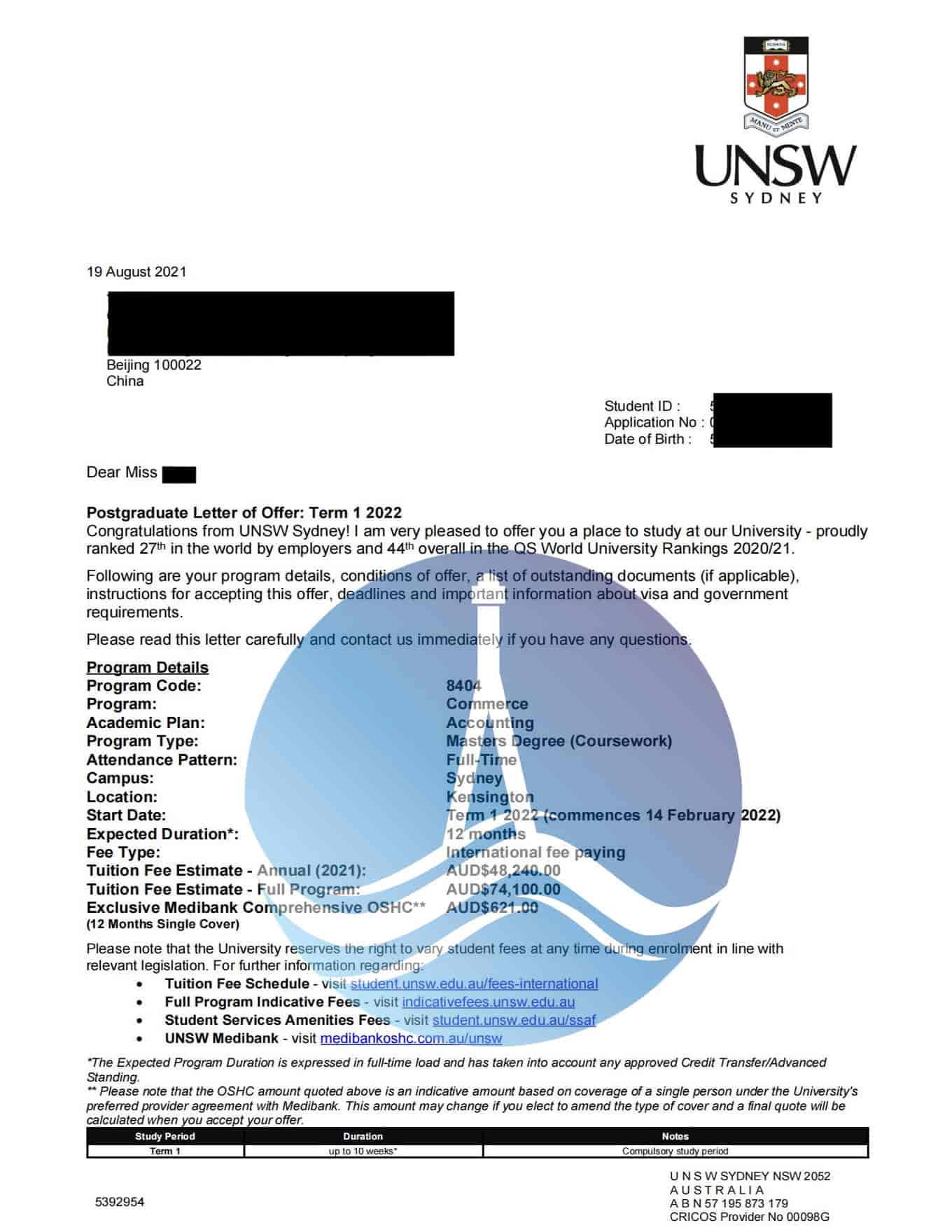 新南威爾士大學Offer